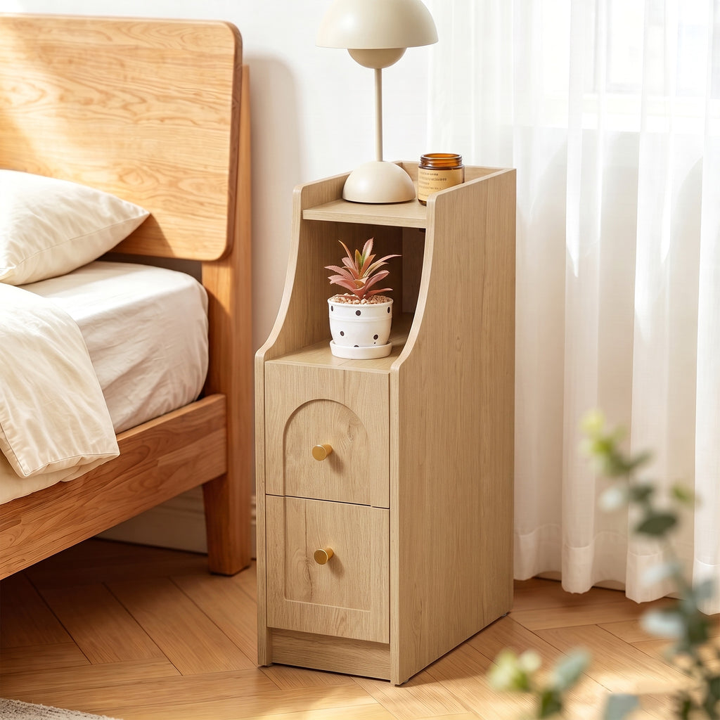 7.87" Ultra Narrow Nightstand with 2 Drawer and Charging Station, Slim End Table Bedside Table for Bedroom with Open Shelf