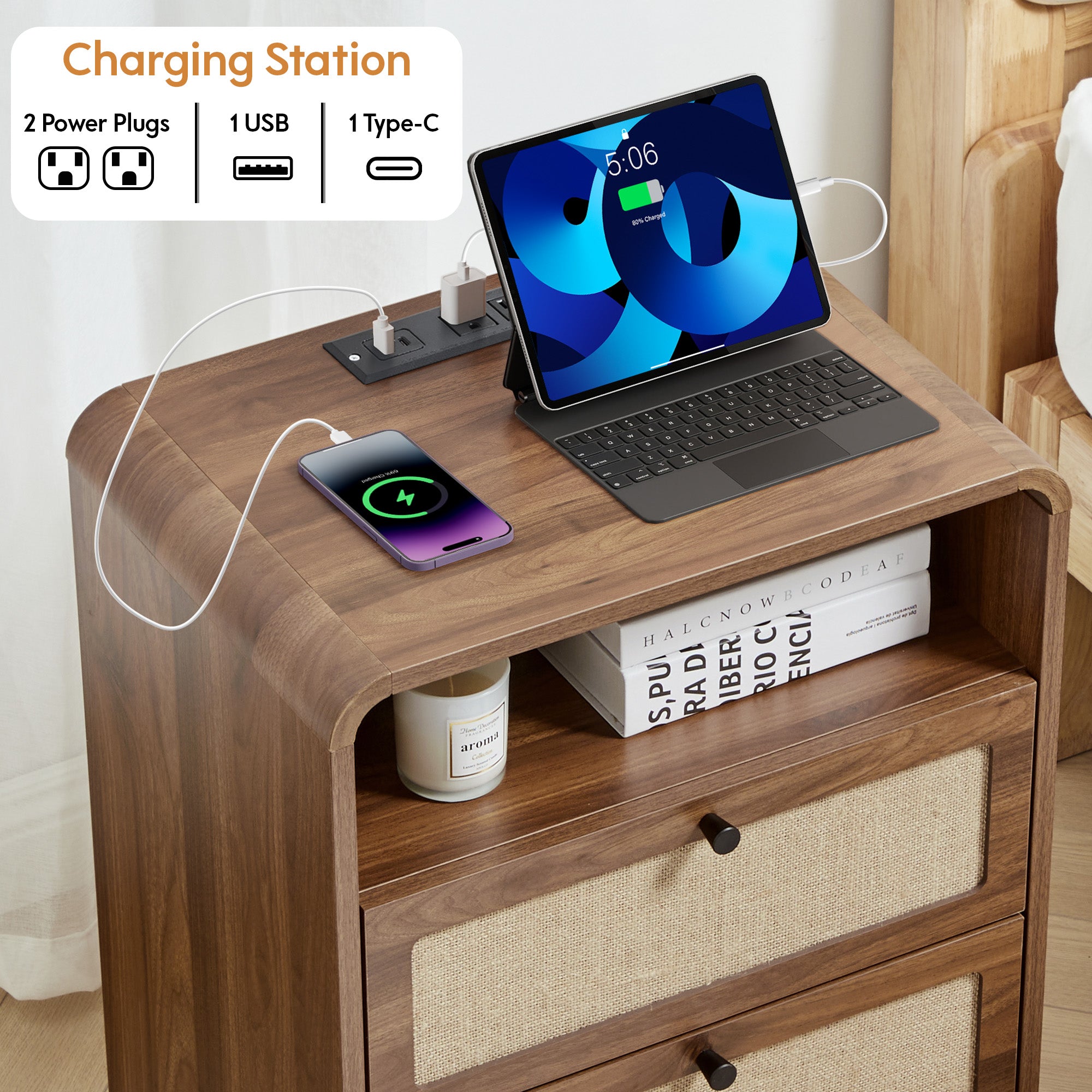 YOCWO Farmhouse Nightstand with Charging Station and Drawers for Bedroom, Linen Bedside Table with Drawers