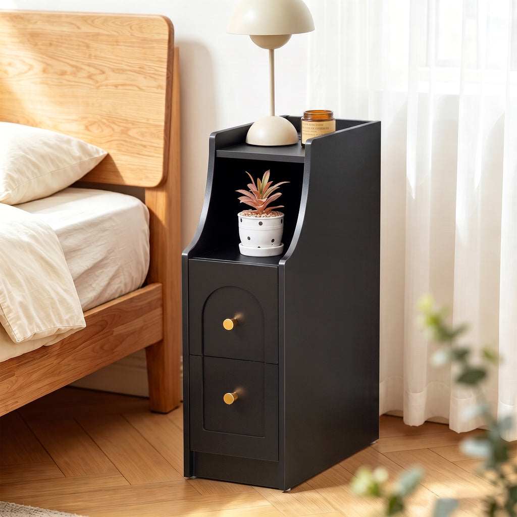 7.87" Ultra Narrow Nightstand with 2 Drawer and Charging Station, Slim End Table Bedside Table for Bedroom with Open Shelf