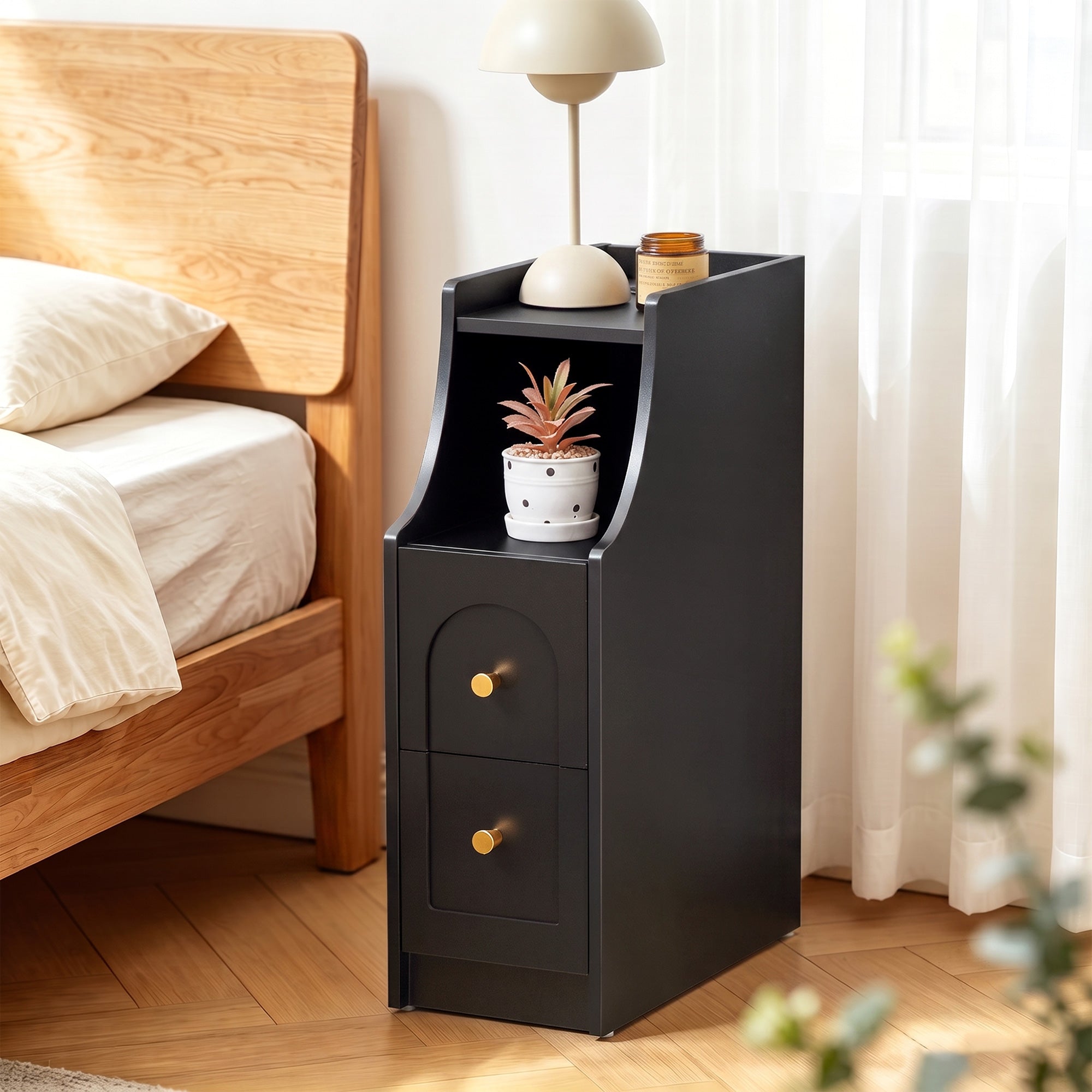 7.87" Ultra Narrow Nightstand with 2 Drawer and Charging Station, Slim End Table Bedside Table for Bedroom with Open Shelf
