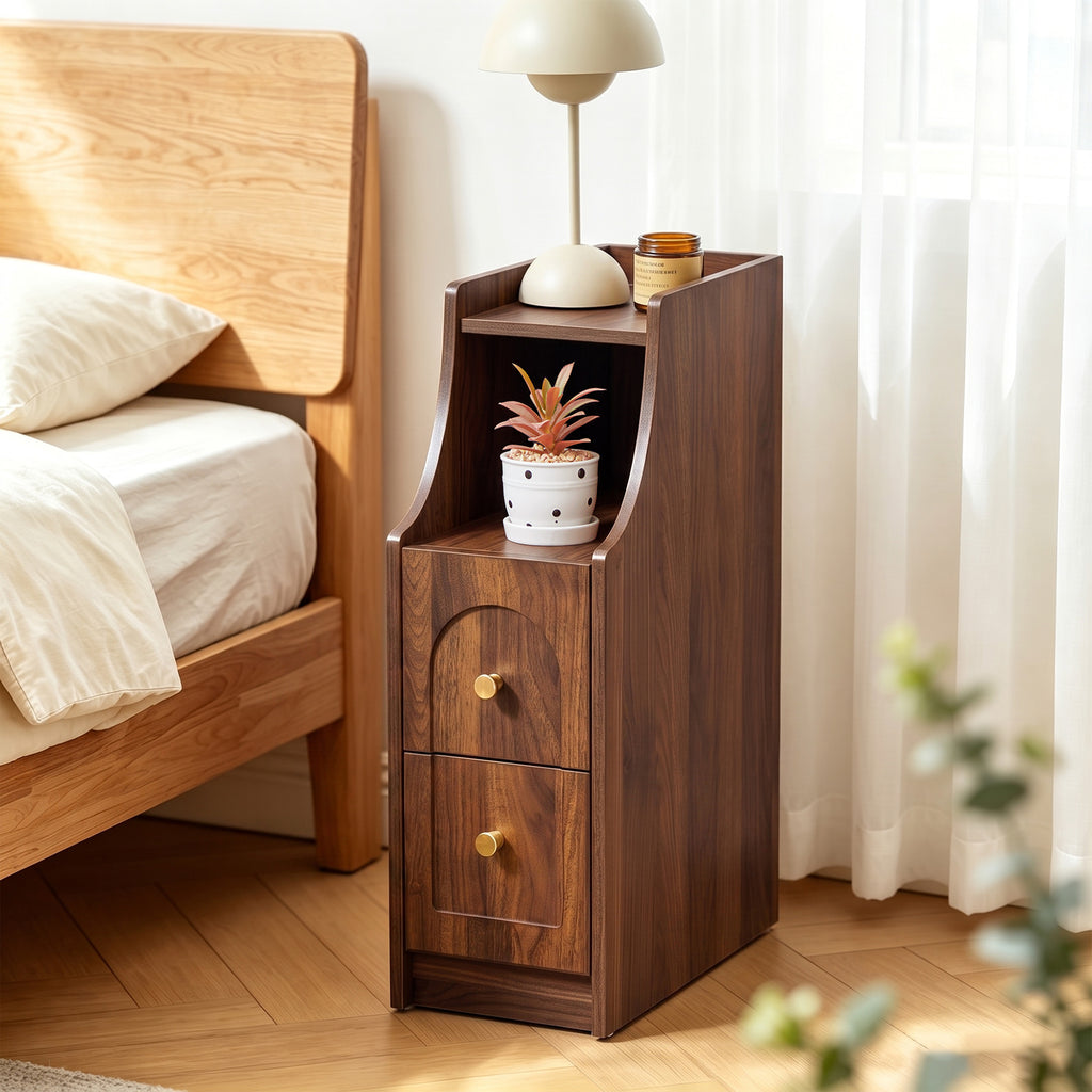 7.87" Ultra Narrow Nightstand with 2 Drawer and Charging Station, Slim End Table Bedside Table for Bedroom with Open Shelf