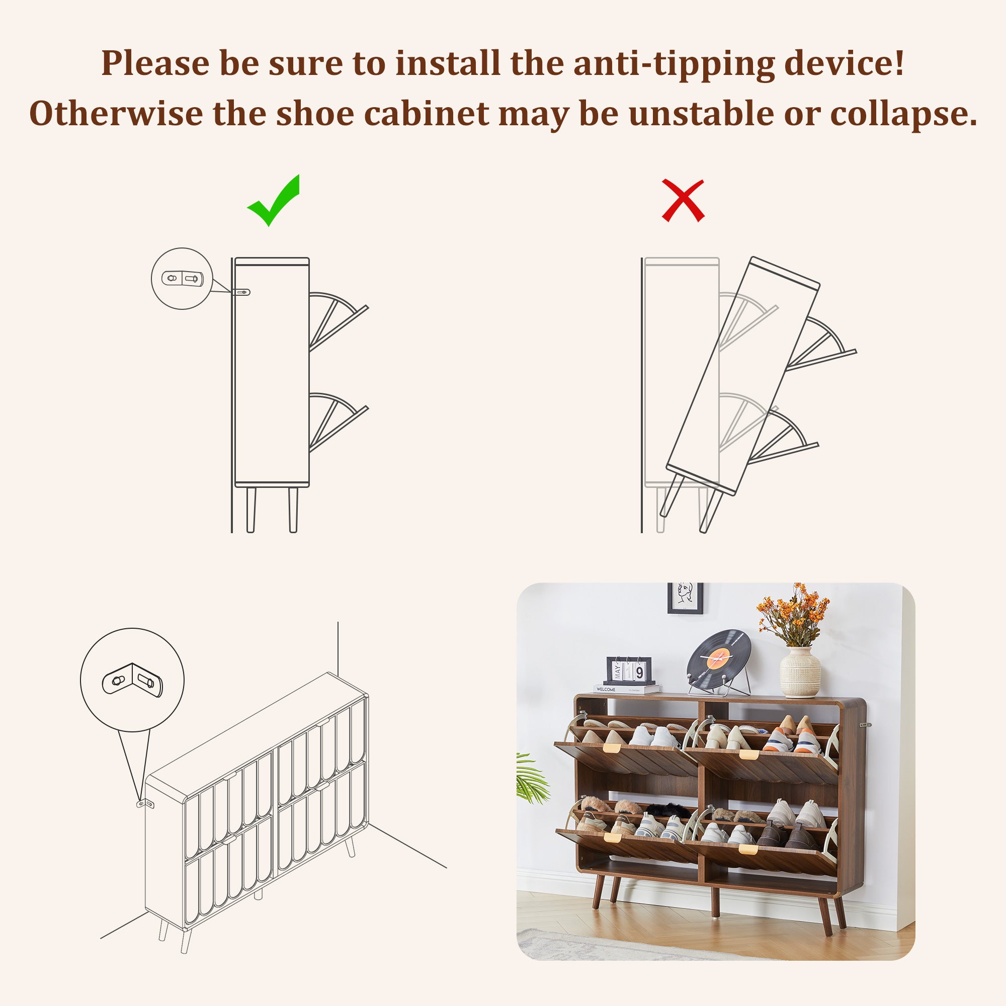 YOCWO Shoe Storage Cabinet with 4 Flip Drawers for Entryway, Shoe Rack Organizer with Wave Design
