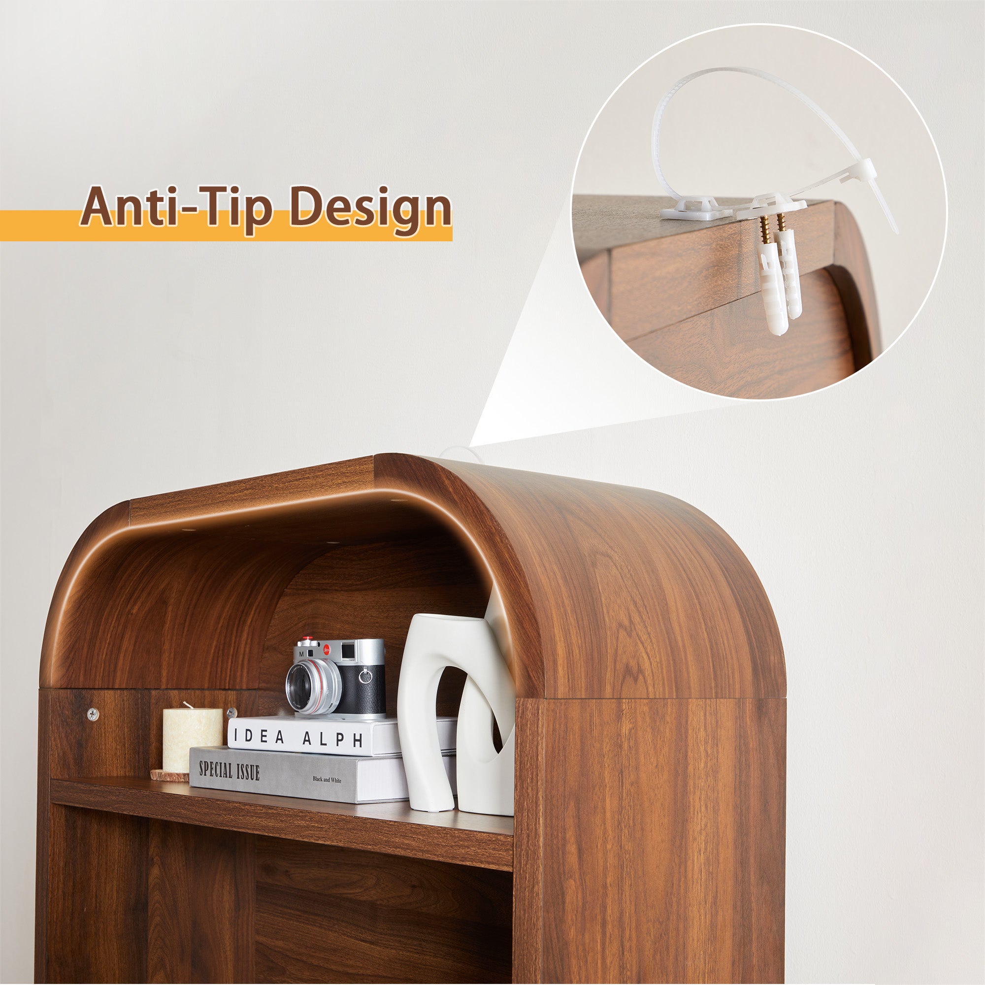 YOCWO 70" Tall Arched Bookcases with 2 Doors & 4 Shelves, Wooden Bookshelf with Wave Panel and Curved Top for Living Room Office