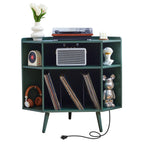 YOCWO Triangle Record Player Stand with Charging Station, Turntable Stand Table Holds Max 200 Albums, Corner Vinyl Record Storage Cabinet with Wood Legs for Living Room Bedroom Office