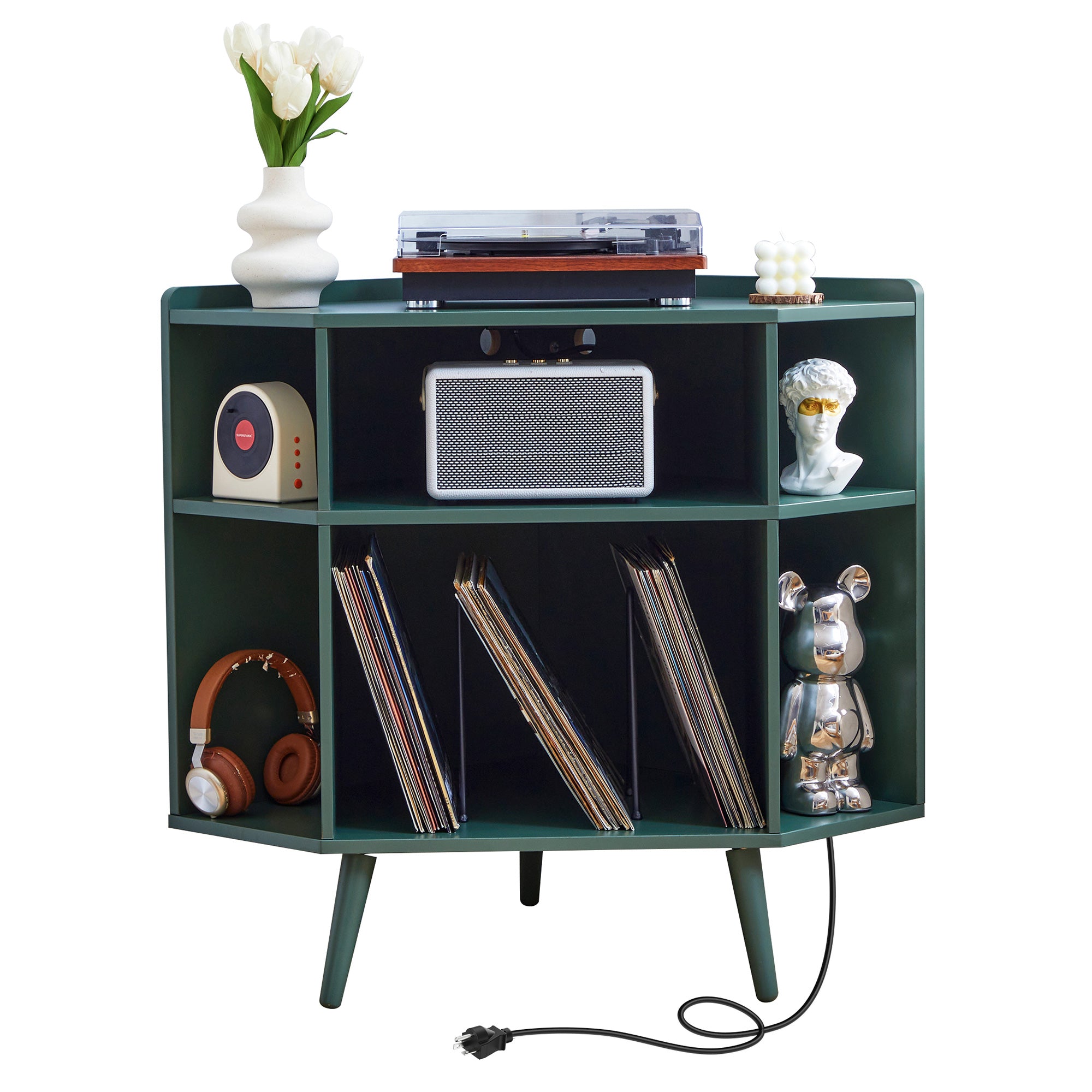 YOCWO Triangle Record Player Stand with Charging Station, Turntable Stand Table Holds Max 200 Albums, Corner Vinyl Record Storage Cabinet with Wood Legs for Living Room Bedroom Office