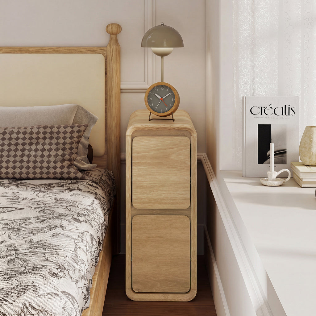YOCWO Narrow Nightstand for Bedroom, Mid Century End Table with Arc Edge and Round Leg, Wood Storage Chest of Drawer Organizer for Bedroom Living Room Hallway Closet