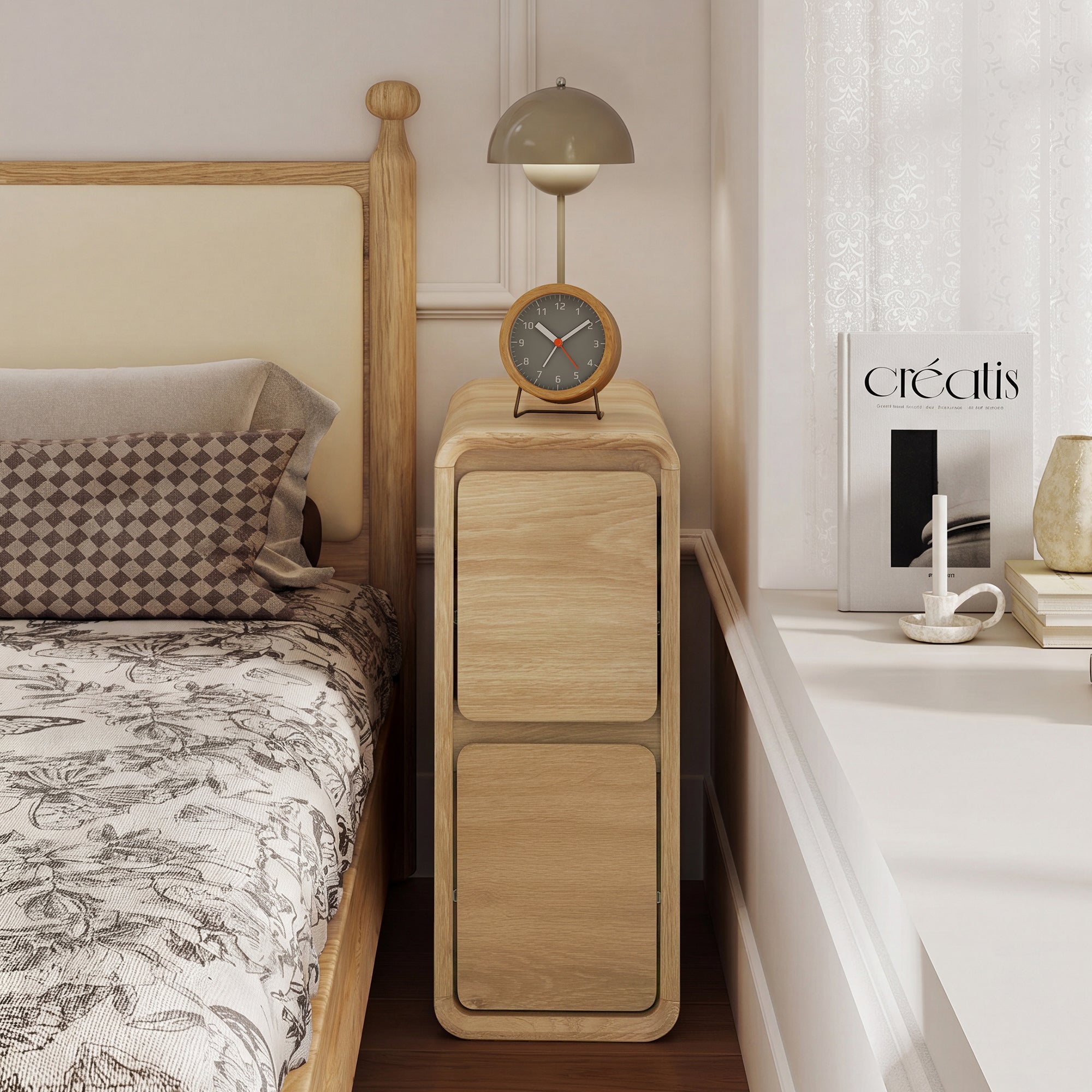 YOCWO Narrow Nightstand for Bedroom, Mid Century End Table with Arc Edge and Round Leg, Wood Storage Chest of Drawer Organizer for Bedroom Living Room Hallway Closet