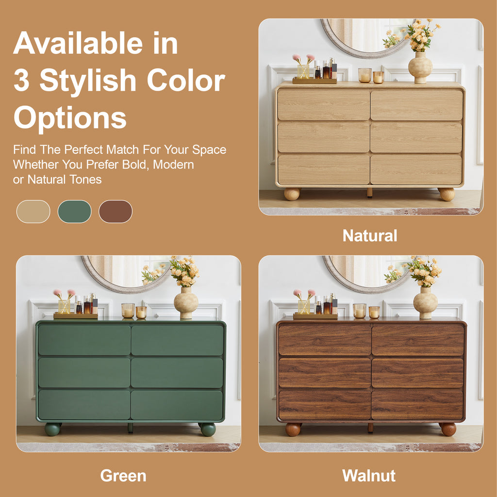 YOCWO 6 Drawer Dresser for Bedroom, Mid Century Chest of Drawers with Arc Edge and Round Leg, Wood Storage Large Dresser Organizer for Bedroom Living Room Hallway Closet