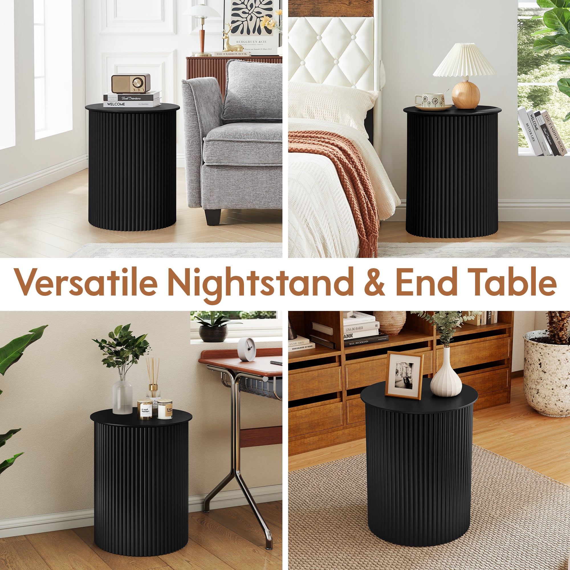 Small Round End table for Living Room with fluted Design, Circle Bedside Table for Bedroom
