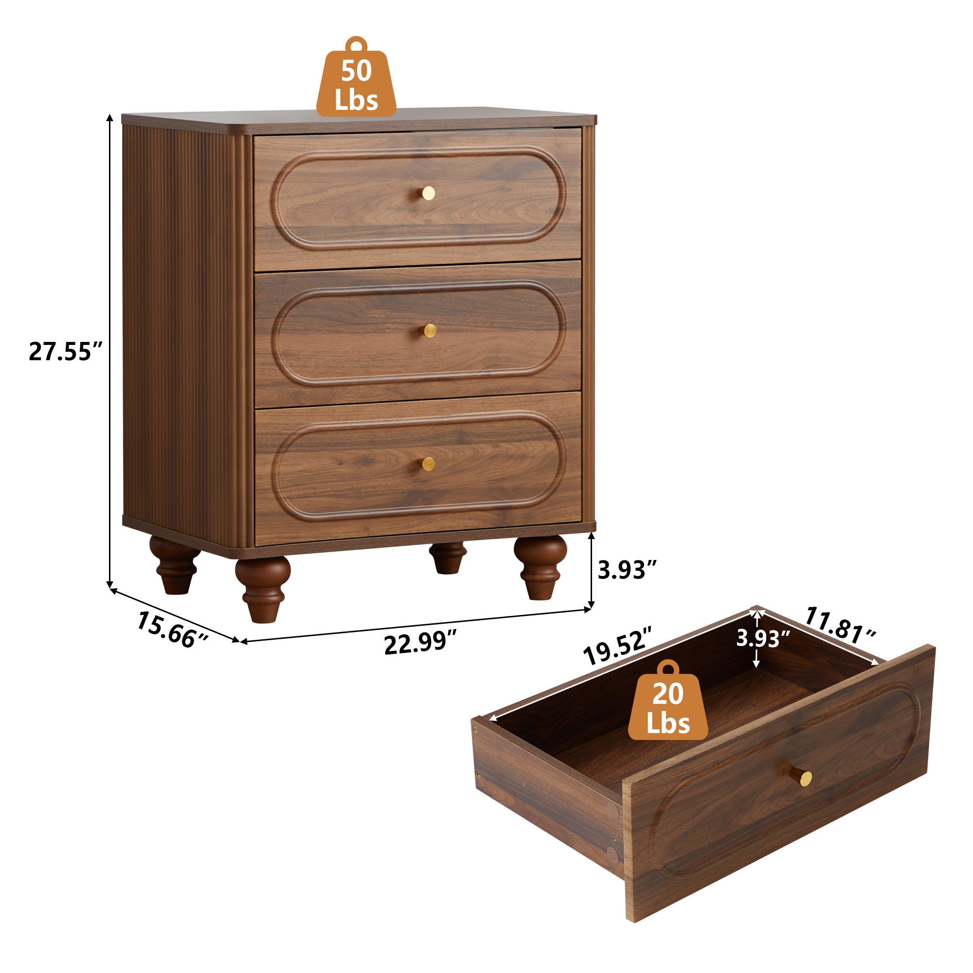 YOCWO 3 Drawer Nightstand, Classic Chest of Drawers with Arc Edge