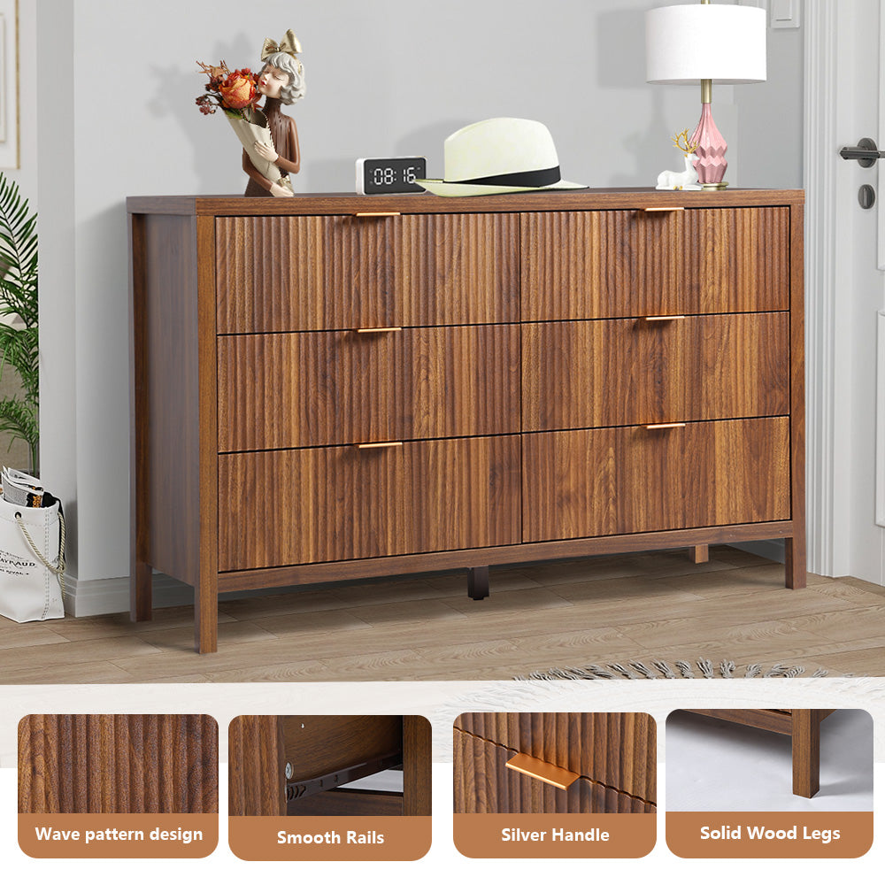 Fluted 6 Drawer Dressers for Bedroom, 48" Wide Modern Chest of Drawer with 6 Big Drawers