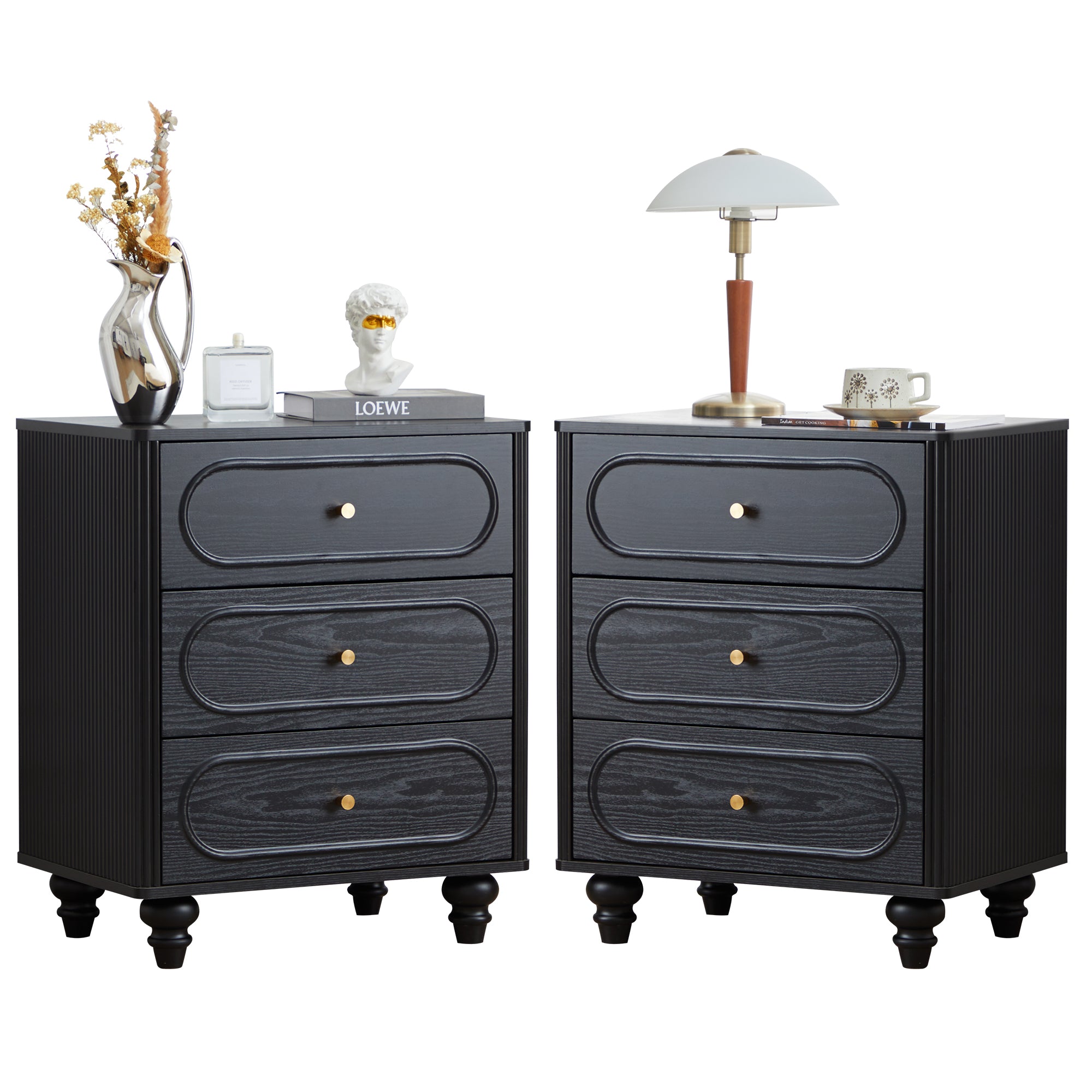 YOCWO 3 Drawer Nightstand for Bedroom Set of 2, Classic Chest of Drawers with Arc Edge