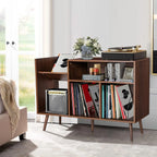 YOCWO Large Record Player Stand, Mid Century Concord Turntable Stand Table Holds up to 350 Albums, Vinyl Record Storage Cabinet with Wood Legs for Living Room Bedroom Office