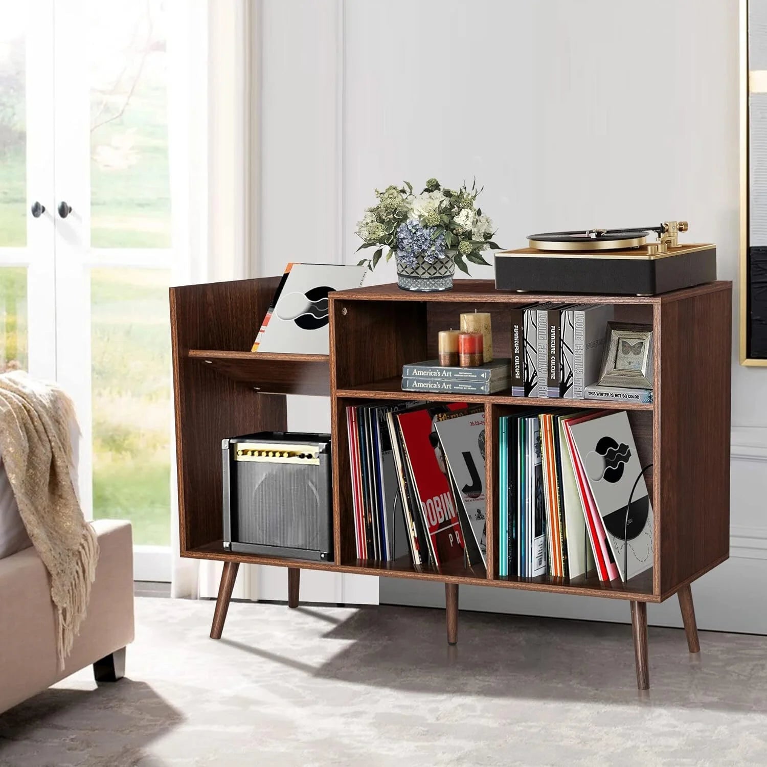 YOCWO Large Record Player Stand, Mid Century Concord Turntable Stand Table Holds up to 350 Albums, Vinyl Record Storage Cabinet with Wood Legs for Living Room Bedroom Office