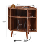 YOCWO Triangle Record Player Stand with Charging Station, Turntable Stand Table Holds Max 200 Albums, Corner Vinyl Record Storage Cabinet with Wood Legs for Living Room Bedroom Office