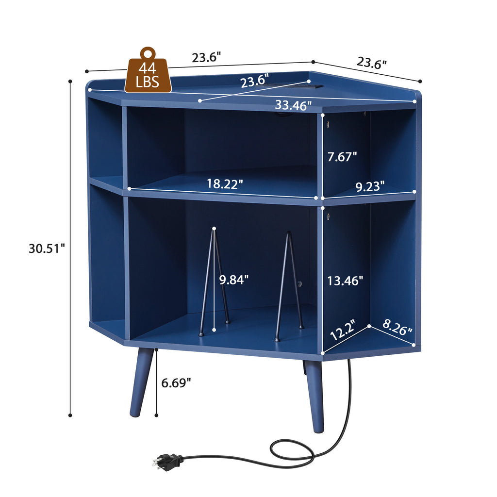 YOCWO Triangle Record Player Stand with Charging Station, Turntable Stand Table Holds Max 200 Albums, Corner Vinyl Record Storage Cabinet with Wood Legs for Living Room Bedroom Office