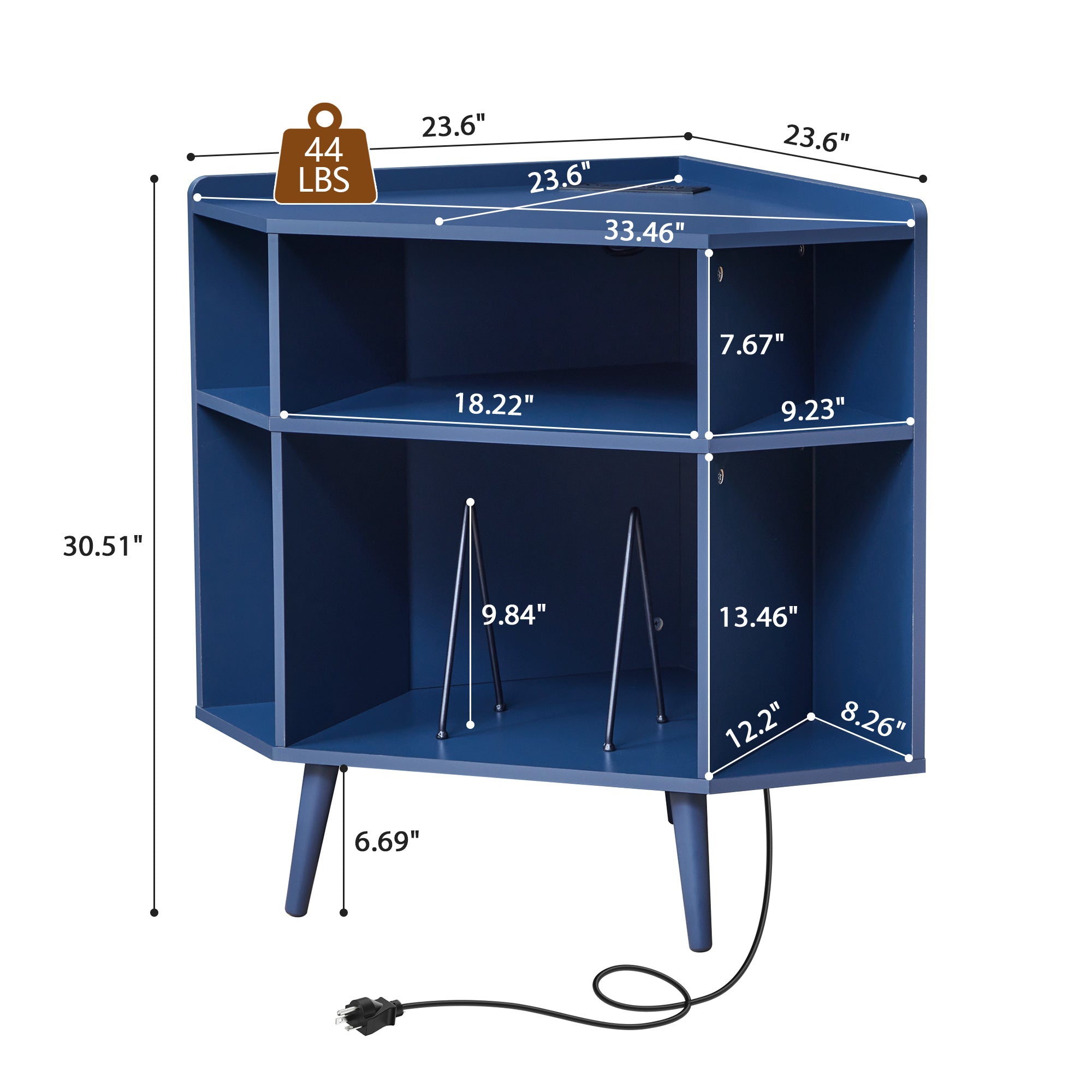 YOCWO Triangle Record Player Stand with Charging Station, Turntable Stand Table Holds Max 200 Albums, Corner Vinyl Record Storage Cabinet with Wood Legs for Living Room Bedroom Office
