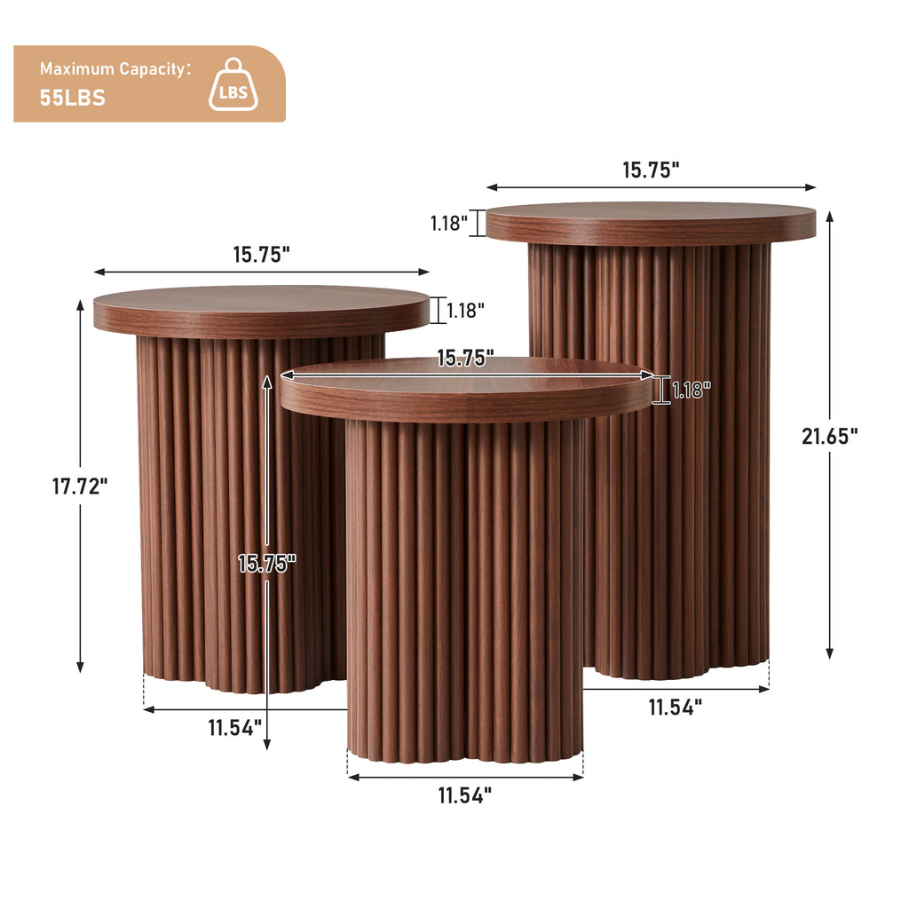 YOCWO 3 Pieces Round End Table with Fluted Plum Leg, Mid Century Modern Coffee Table Set of 3