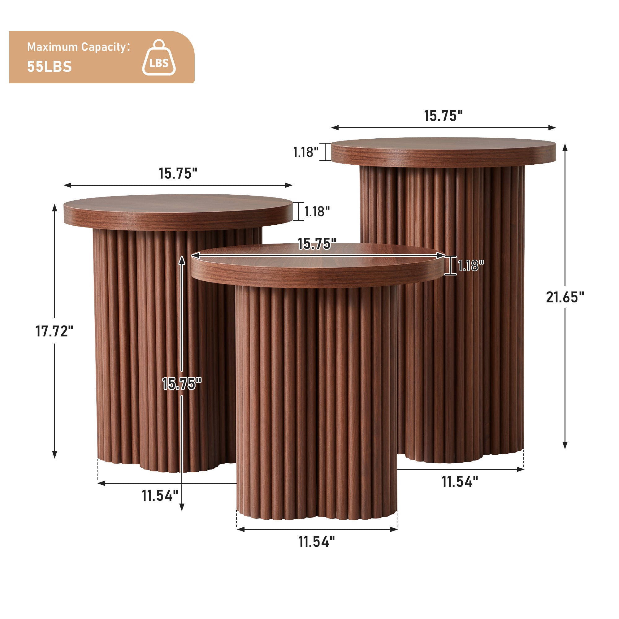 YOCWO 3 Pieces Round End Table with Fluted Plum Leg, Mid Century Modern Coffee Table Set of 3