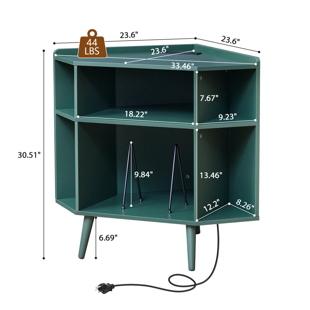 YOCWO Triangle Record Player Stand with Charging Station, Turntable Stand Table Holds Max 200 Albums, Corner Vinyl Record Storage Cabinet with Wood Legs for Living Room Bedroom Office