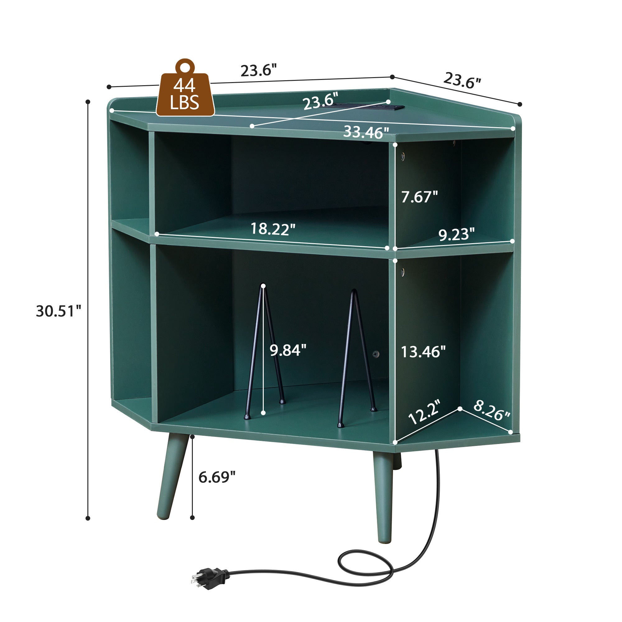 YOCWO Triangle Record Player Stand with Charging Station, Turntable Stand Table Holds Max 200 Albums, Corner Vinyl Record Storage Cabinet with Wood Legs for Living Room Bedroom Office
