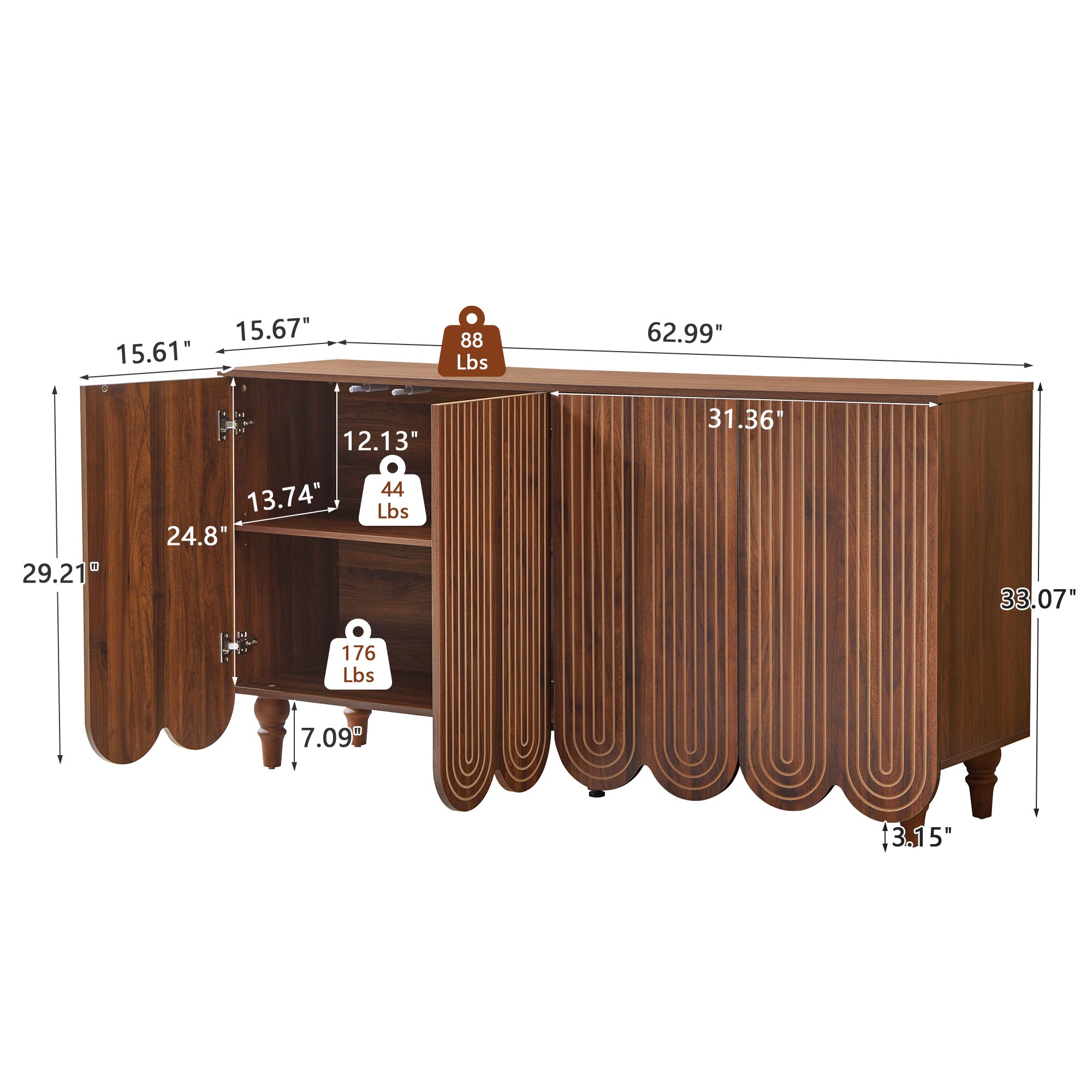 YOCWO Sideboard and Buffets with Wave Carved Line Design, Mid Century Buffet Storage Cabinet with 4 Doors and Adjustable Shelves, Accent Cabinet for Living Room Kitchen Entryway, Walnut