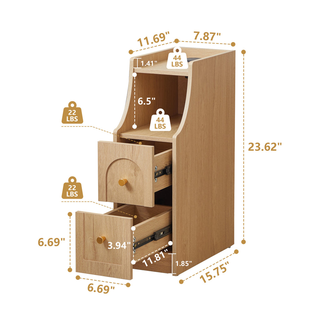 7.87" Ultra Narrow Nightstand with 2 Drawer and Charging Station, Slim End Table Bedside Table for Bedroom with Open Shelf