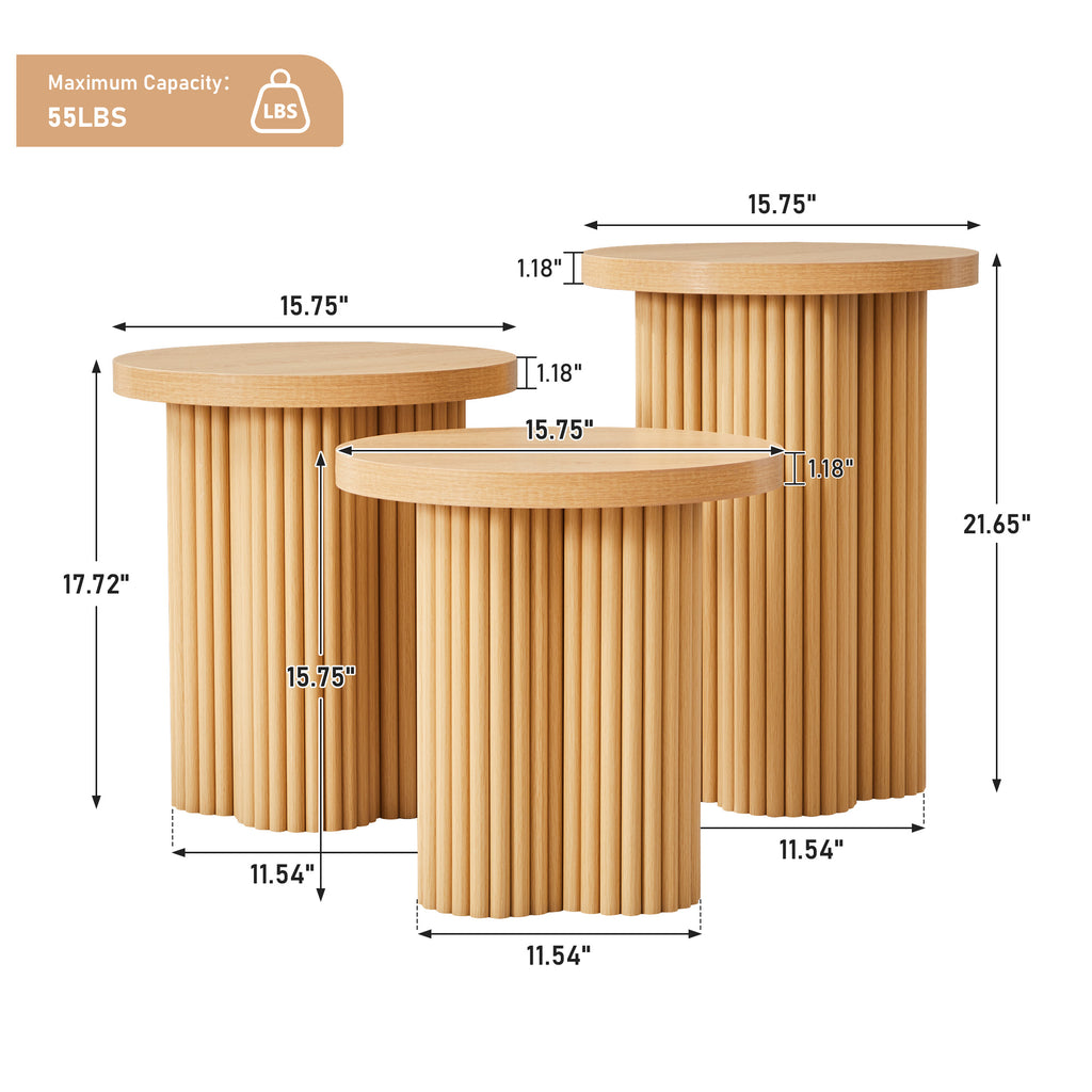 YOCWO 3 Pieces Round End Table with Fluted Plum Leg, Mid Century Modern Coffee Table Set of 3