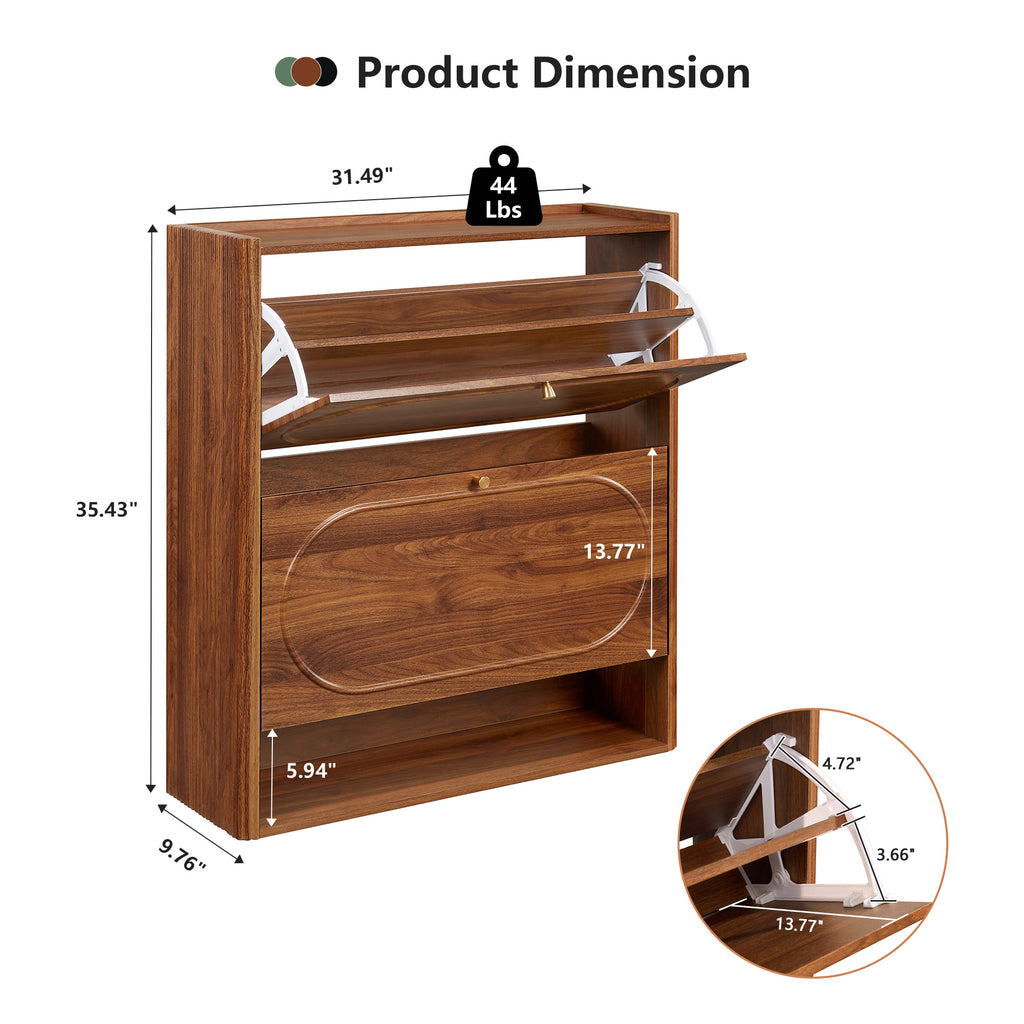 YOCWO Fluted Shoe Storage Cabinet with 2 Flip Drawers, Mid Century Wood Shoe Rack Organizer with Open Shelf, Freestanding Narrow Shoe Cabinet for Entryway Hallway